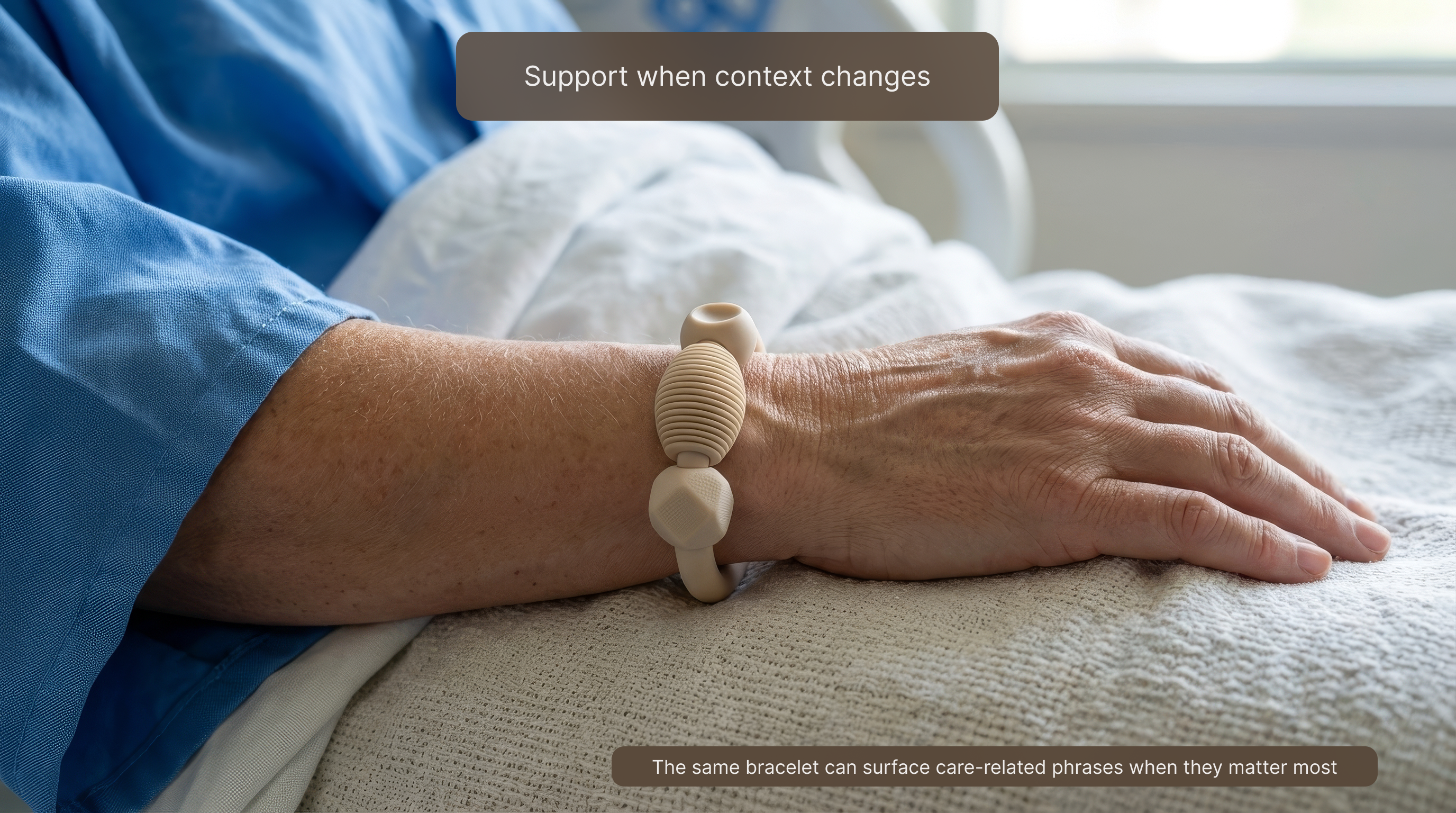 The companion app shifting phrase sets as the wearer moves between home and clinic.